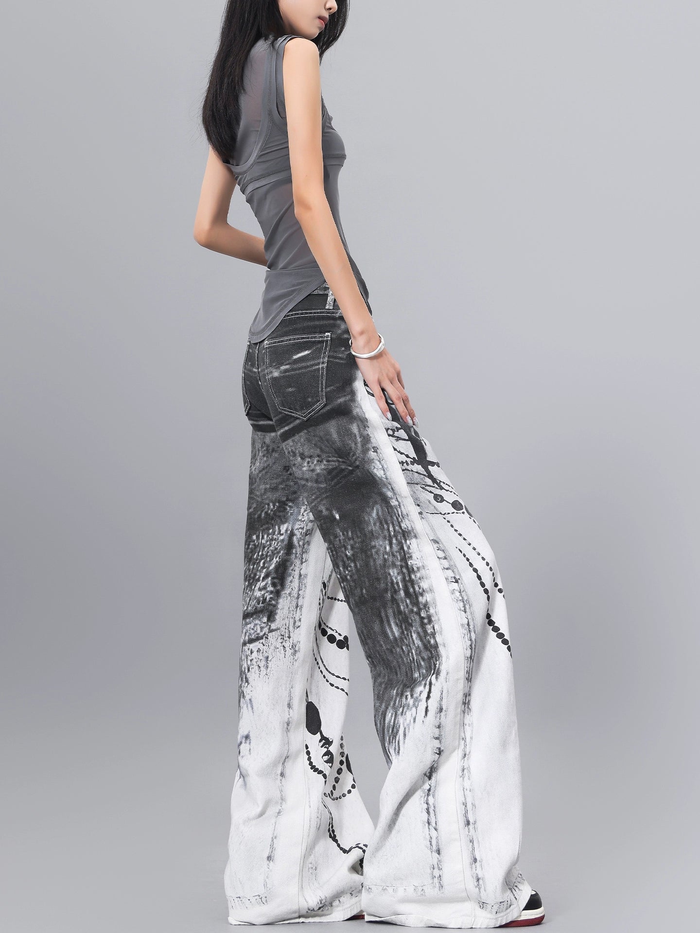 【25s Jul.】Ink-Print Washed High-Waist Loose Jeans