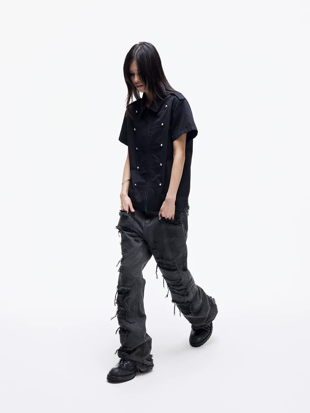 Distressed Raw Hem Slim Straight Jeans