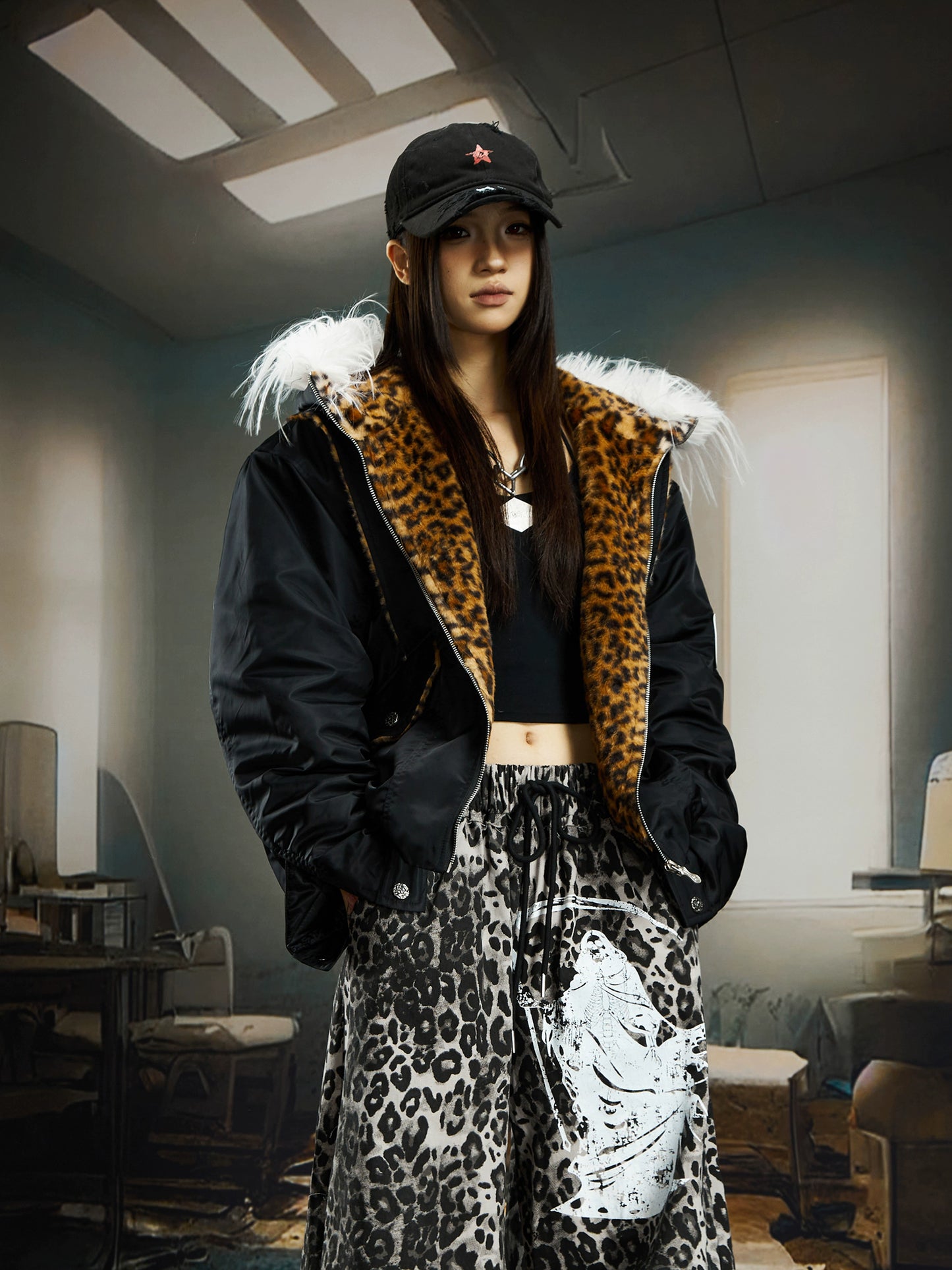 【25s Dec.】Leopard Print Patchwork Long Fur Hooded Jacket