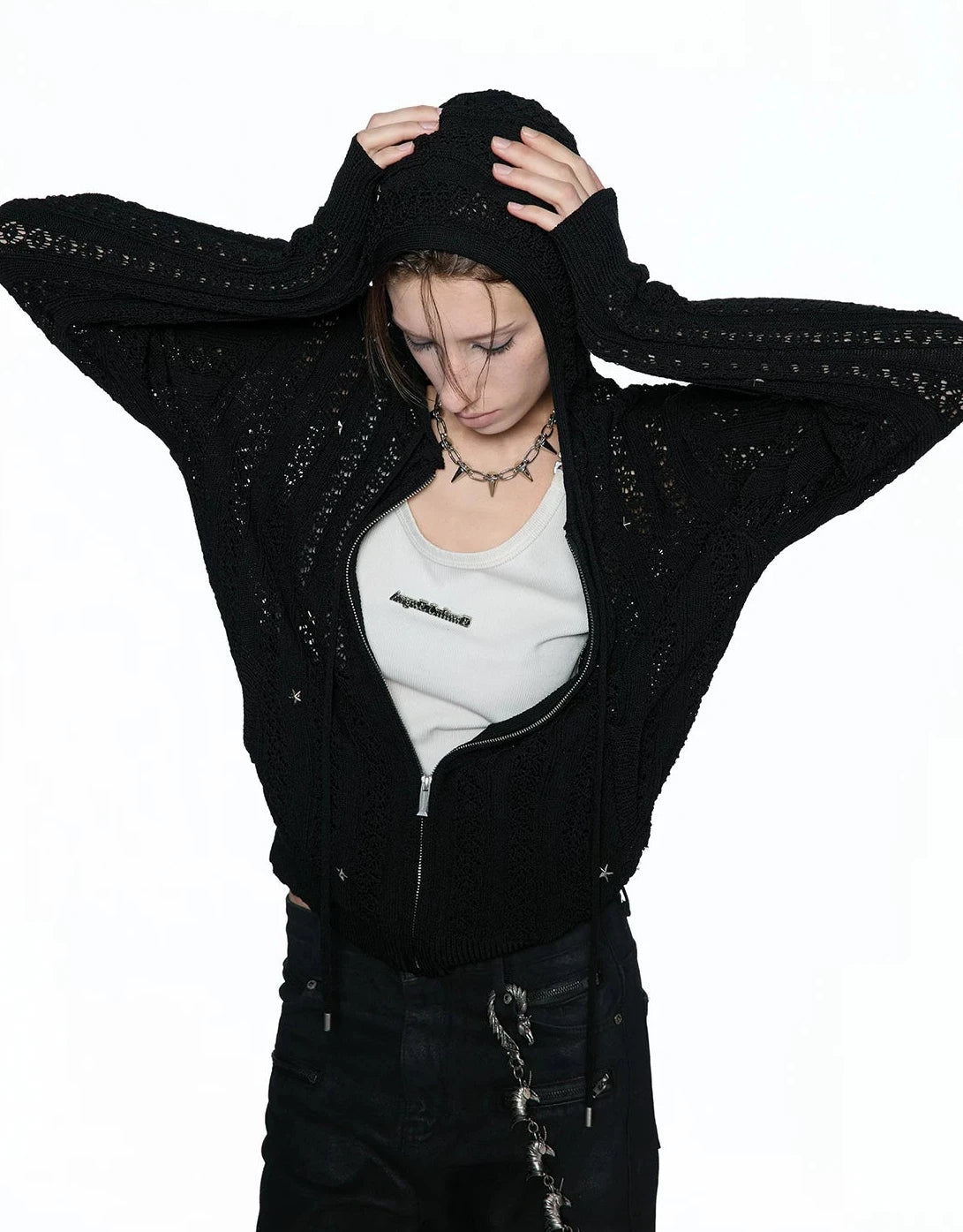 Slim Hollow-Out Star Studded Hooded Knit Zip Cardigan