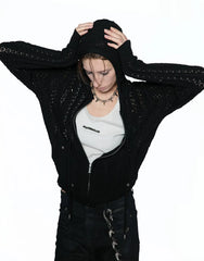 Slim Hollow-Out Star Studded Hooded Knit Zip Cardigan