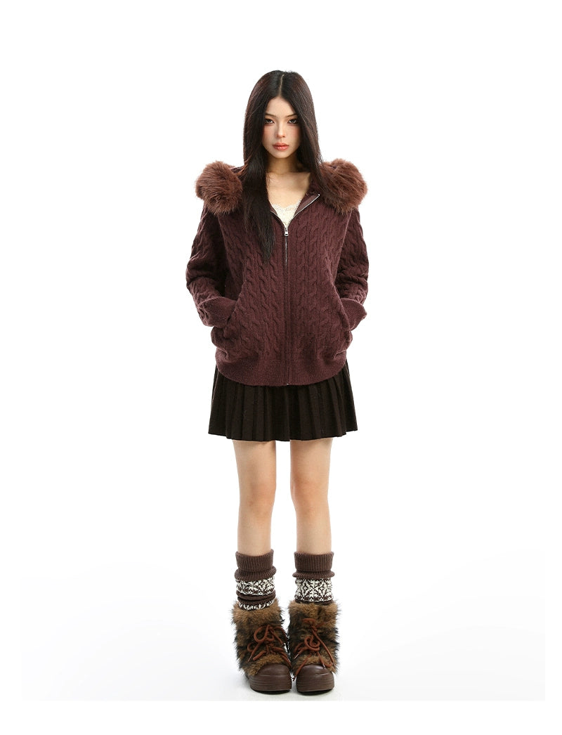 【25s Dec.】Detachable Fur Collar Cable Knit Hooded Sweater