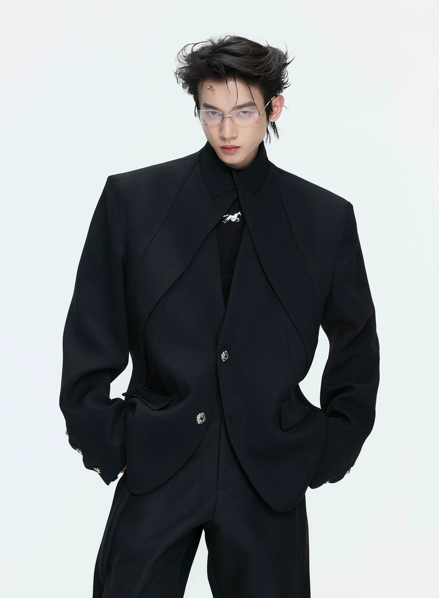 【26s Apr.】Layered Stand Collar V-Neck Structured Jacket / Pants