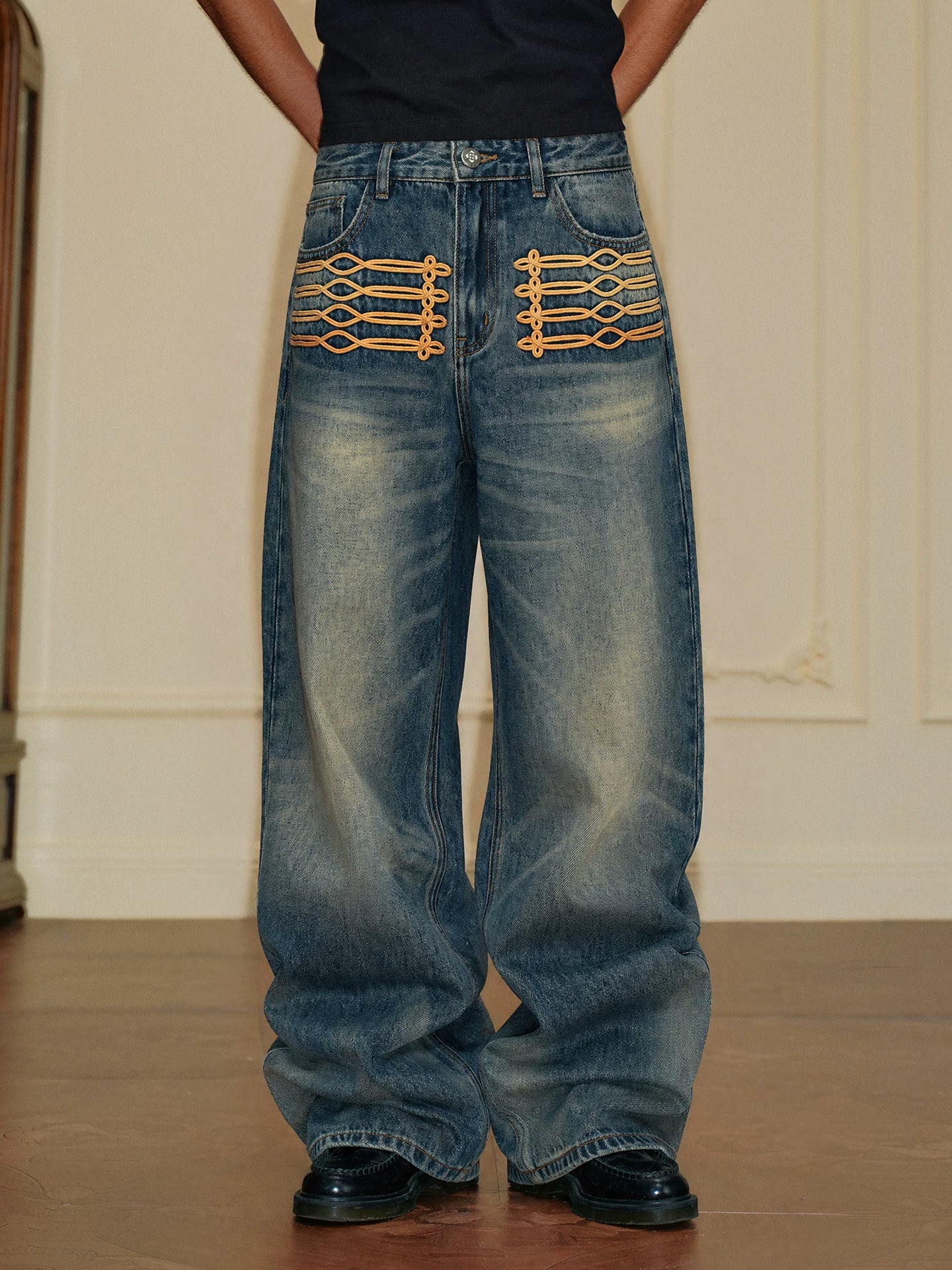 Royal Embroidered Washed Wide-Leg Jeans