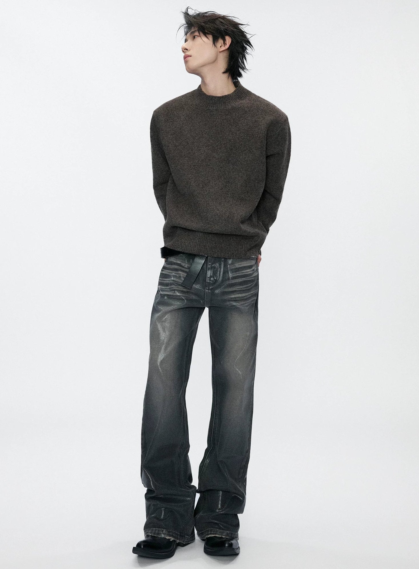Wool Blend Ribbed Knit Sweater