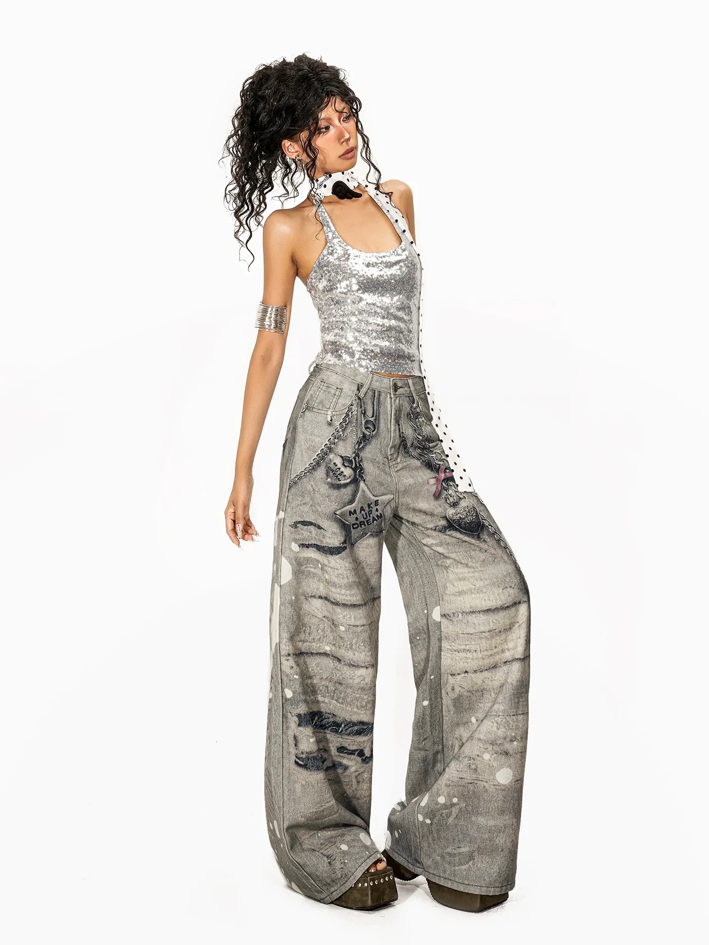 【25s Aug.】Heavily Detailed Chain Digital Print Jeans