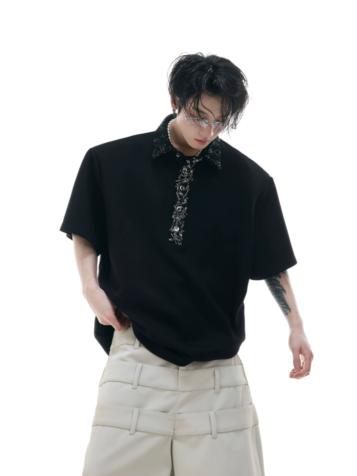 【25s Jun.】Sequined Safety Pin Polo Shirt T-shirt