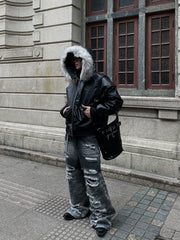 【24s Nov.】Designed Detachable Fur Collar Hooded Leather Jacket ArtsKoreanMan