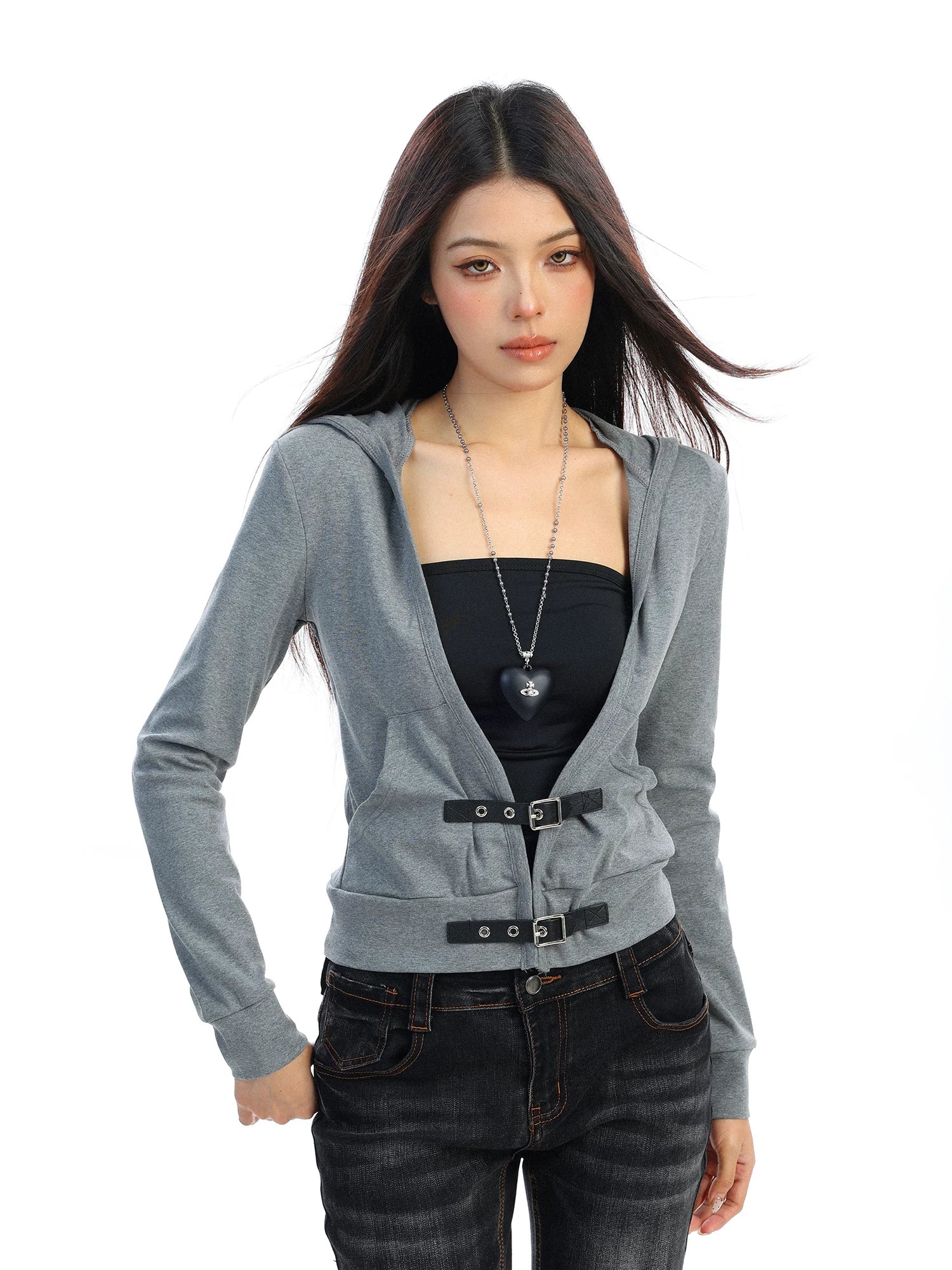 【26s Feb.】Leather Buckle V-Neck Hooded Long-Sleeve Cardigan Top