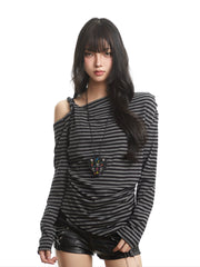【25s Oct.】Retro Striped Off-shoulder Long-sleeved T-shirt