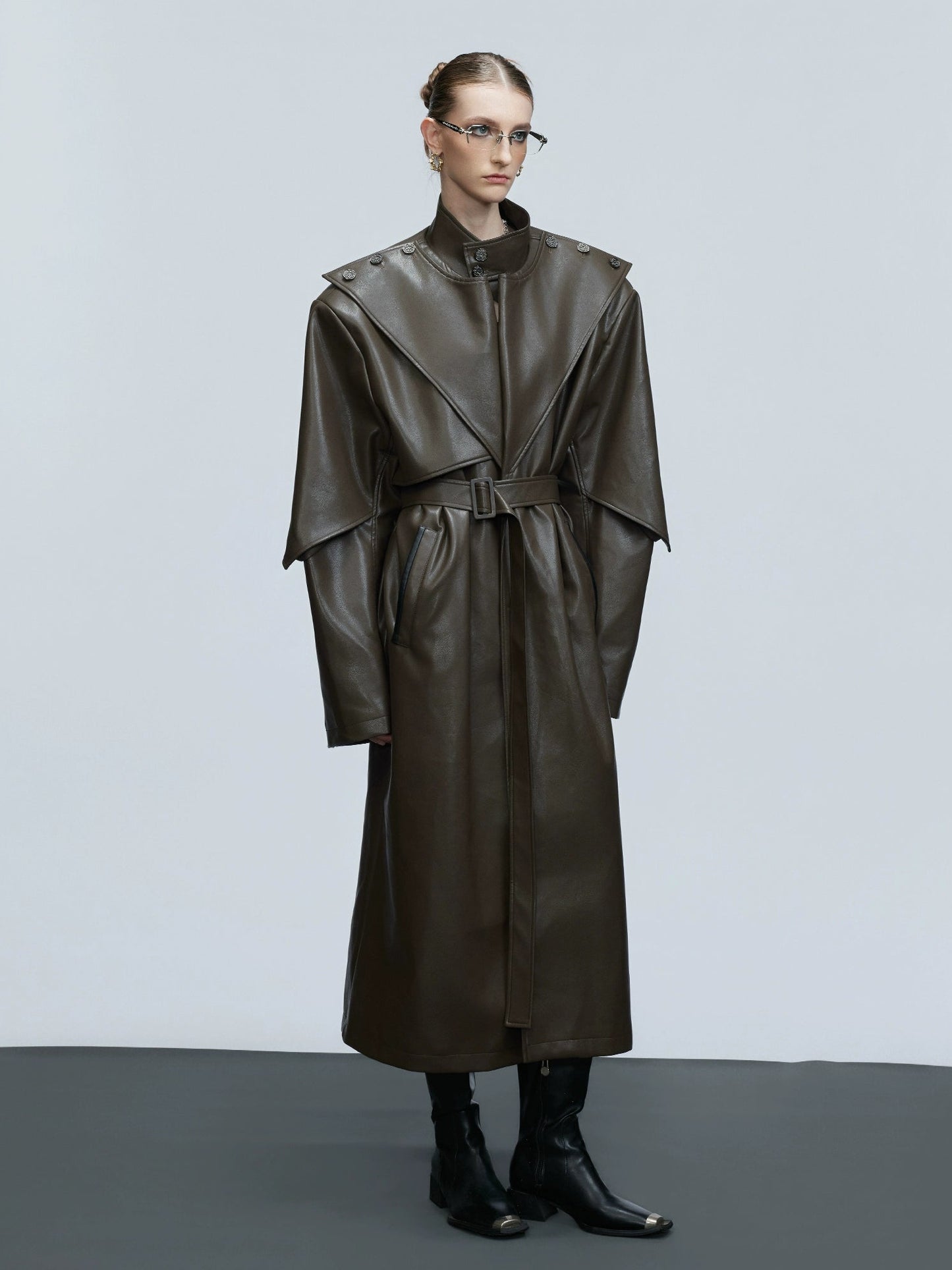 【25s Nov.】Deconstructed Stand-up Collar Copper Coin Button Leather Trench Coat