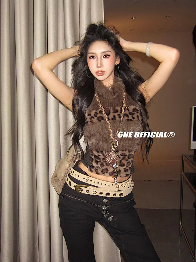 Hot Girl Leopard Print Fur Patchwork Halter Top
