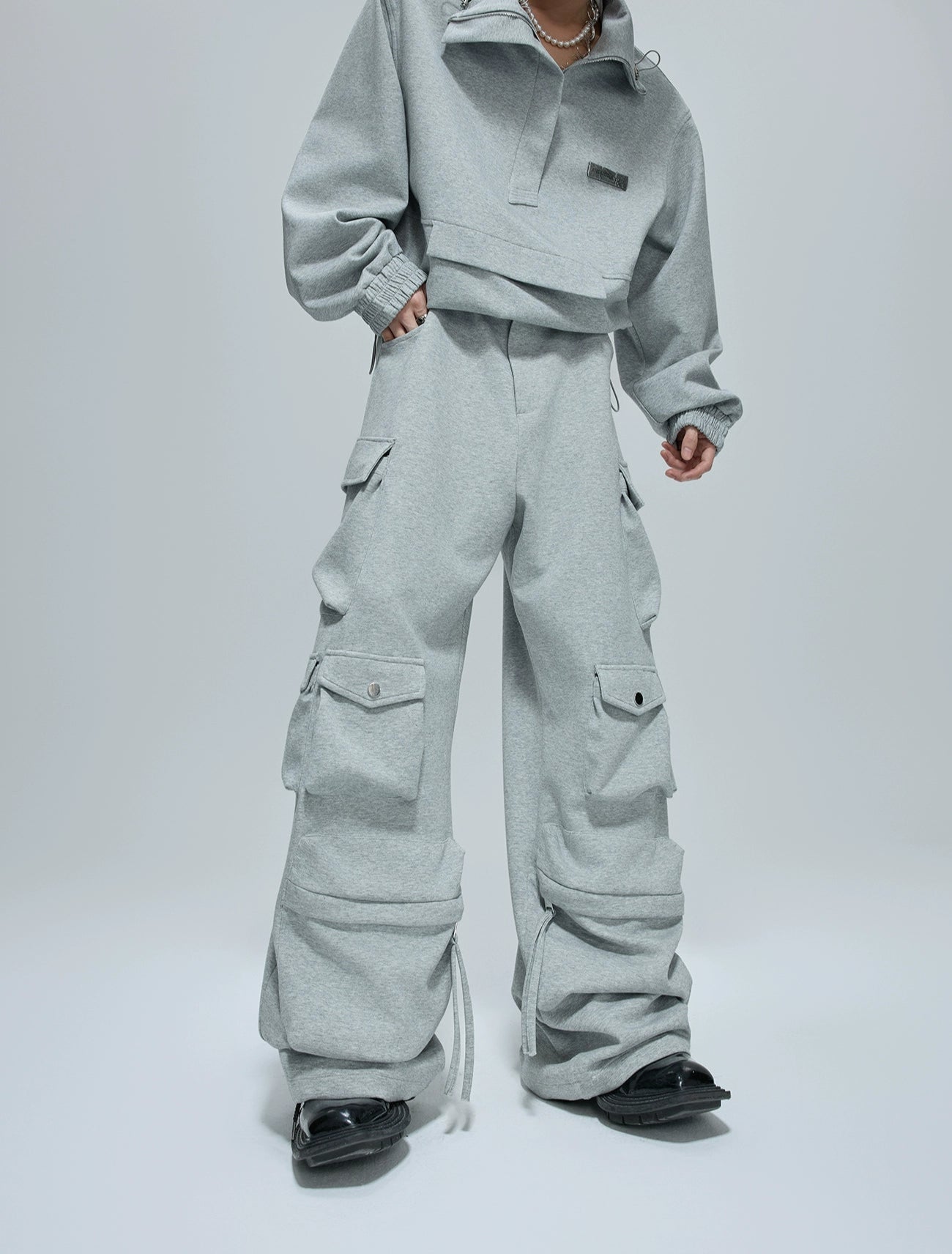 【25s Oct.】Casual Stand Collar Cropped Sweatshirt/Ribbon Pocket Pants