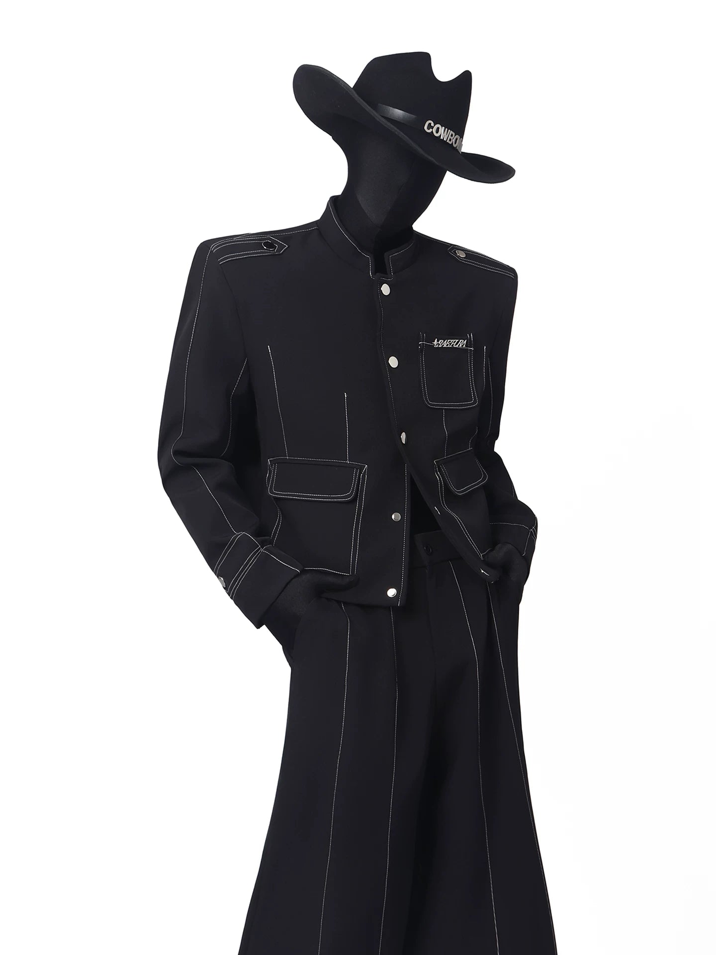 Black Contrast-Stitch Stand Collar Suit