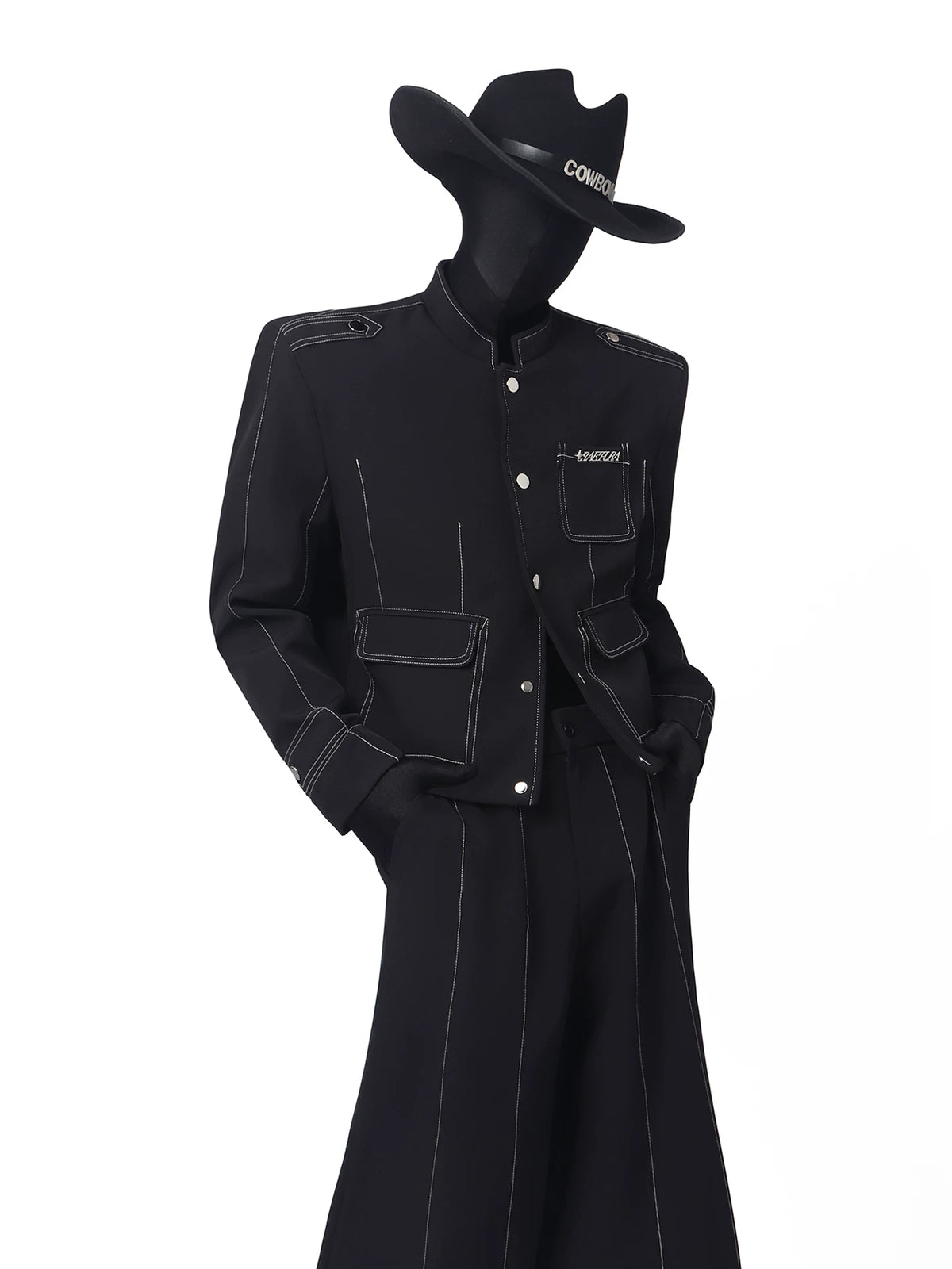 Black Contrast-Stitch Stand Collar Suit