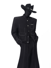 Black Contrast-Stitch Stand Collar Suit