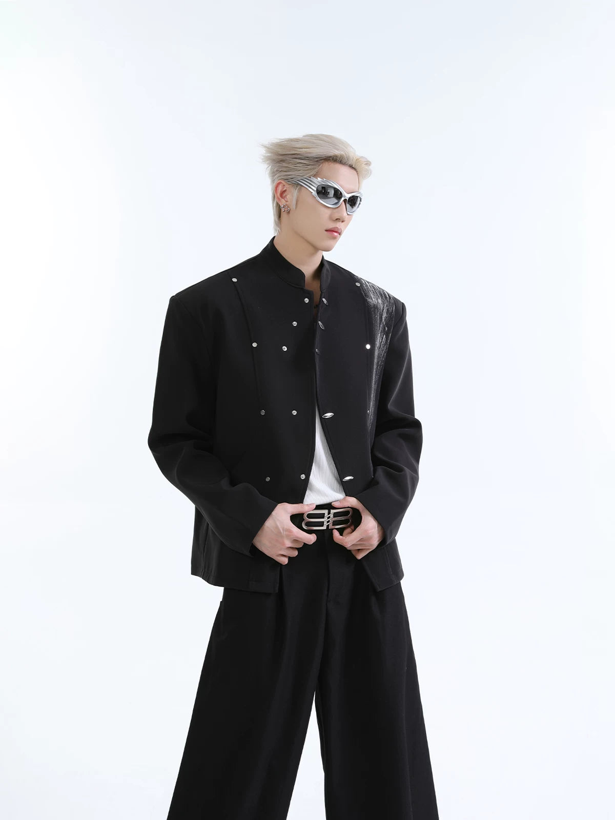 【26s Jan.】Ink-Splashed Stand Collar Metal-Detail Blazer Jacket