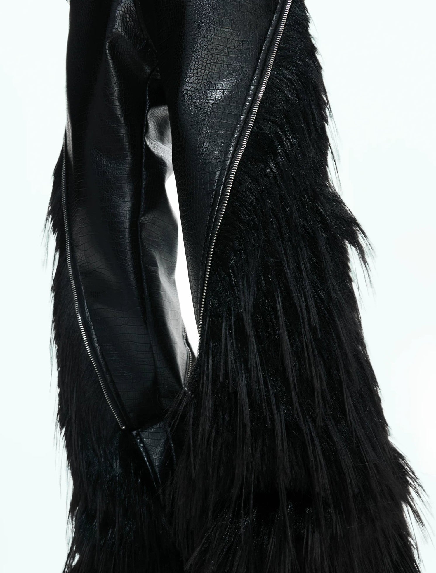 【26s Feb.】Deconstructed Faux Wolf Fur Croc-Embossed Leather Wide-Leg Pants