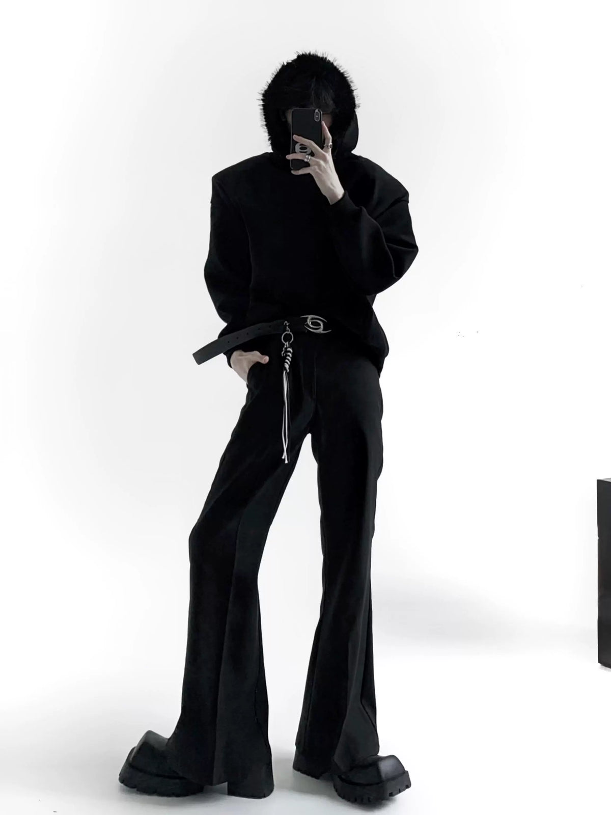 【25s Jul.】Extended Flared Slim Black Draped Trousers