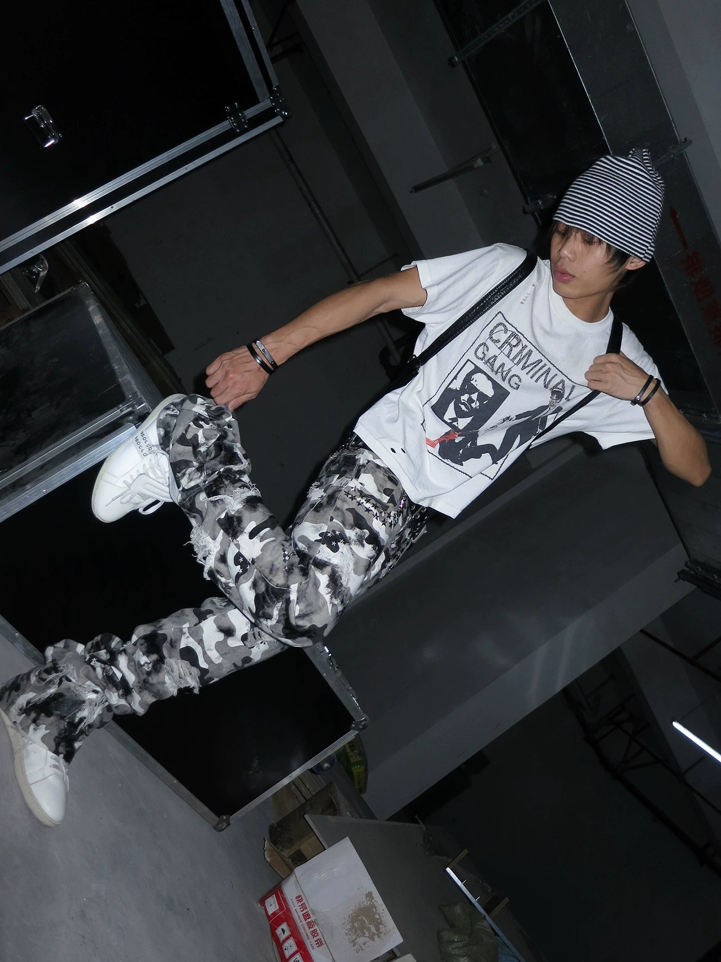 Waxed Camo Curved Flared Pants