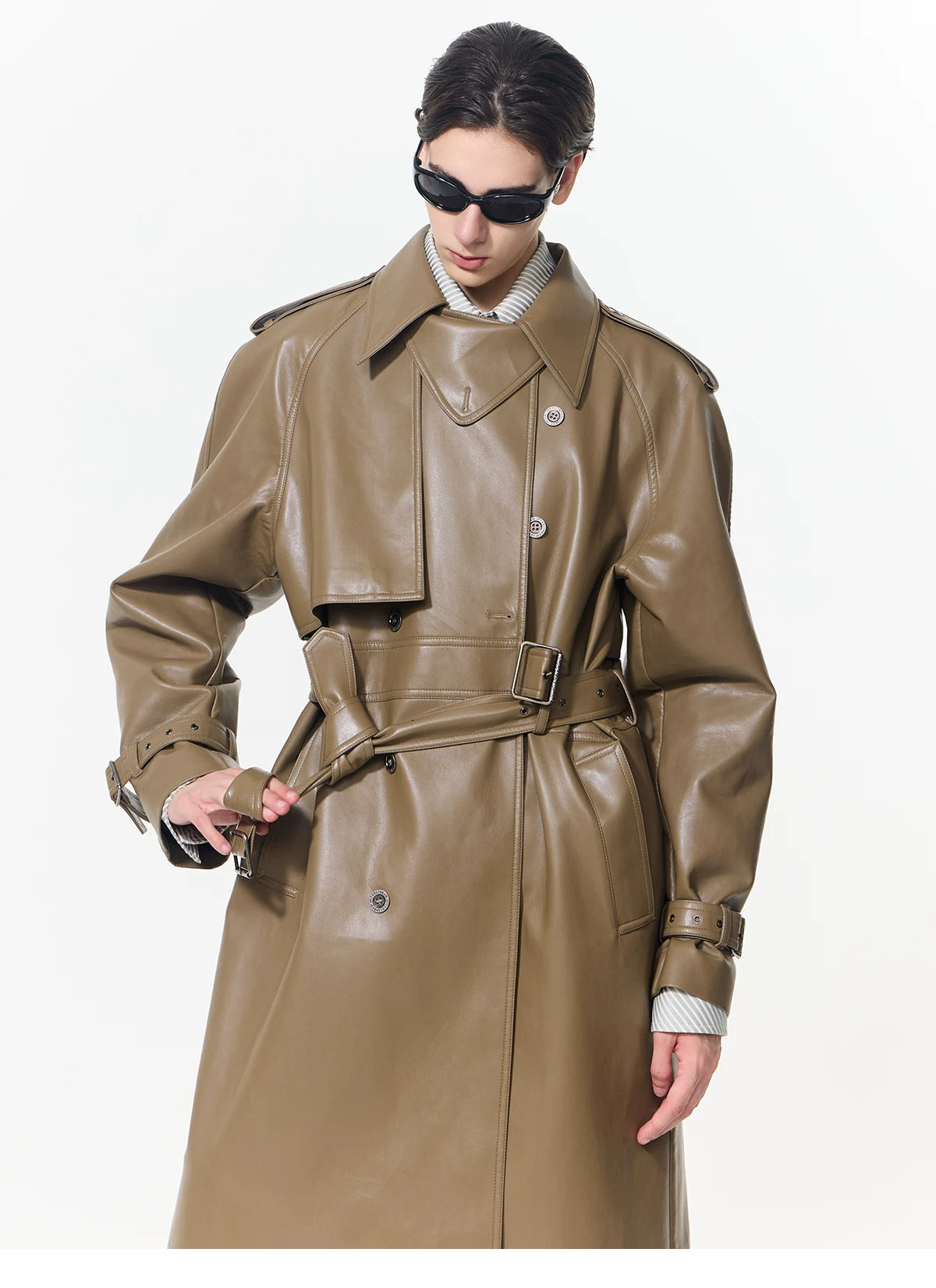 【26s May】Deconstructed PU Leather Double-Breasted Trench Coat