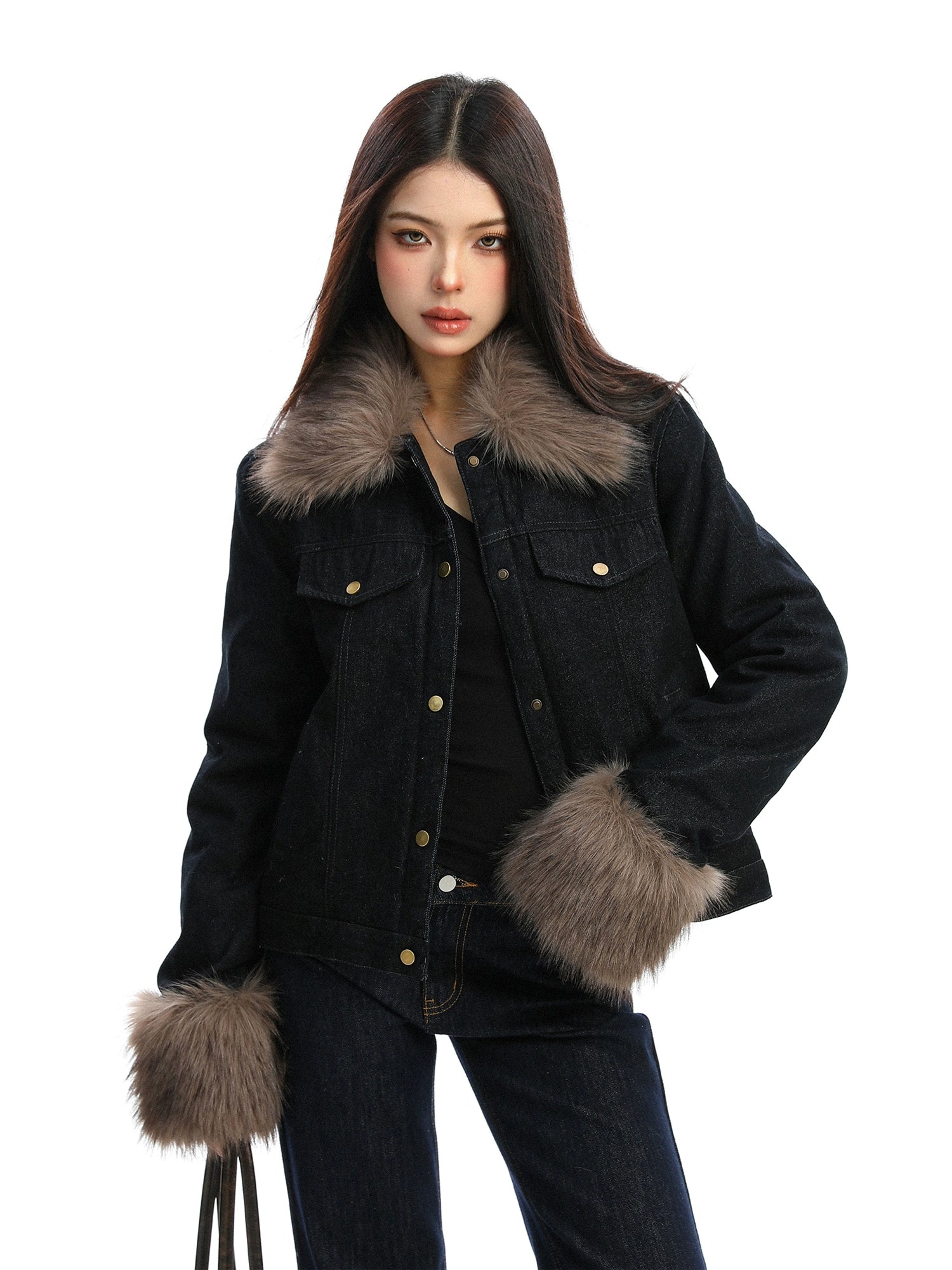 【25s Dec.】Fur-trimmed Denim Cotton Jacket