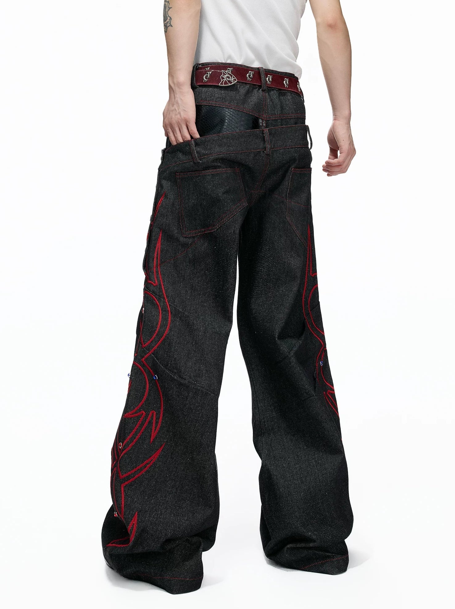 Black Red Raw Denim Embellished Jeans