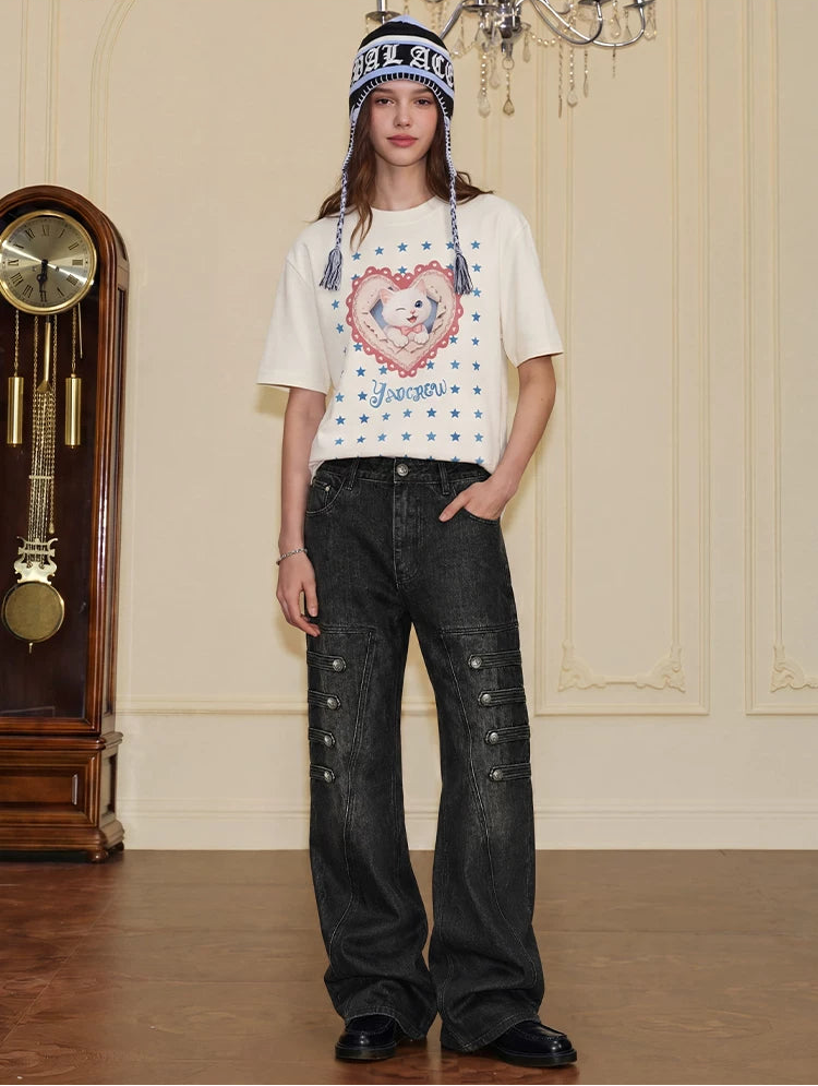 Vintage Washed Wide-Leg Cargo Jeans