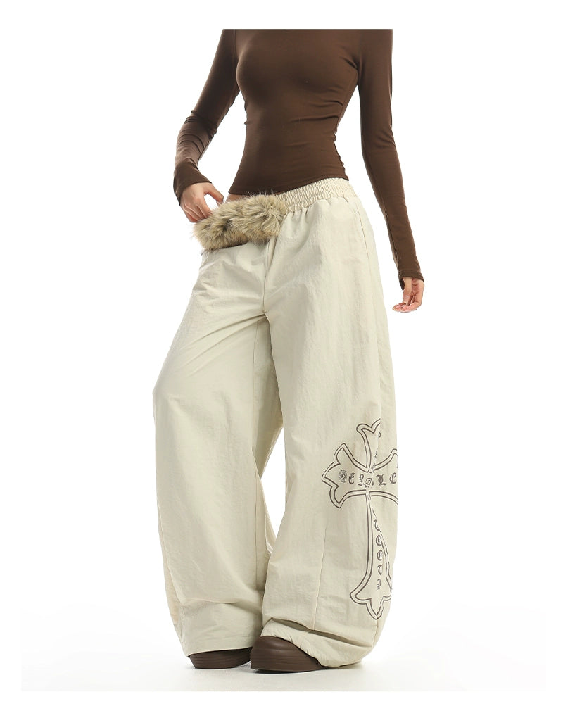 【25s Dec.】Fur Collar Printed Fleece-lined Curved Trousers