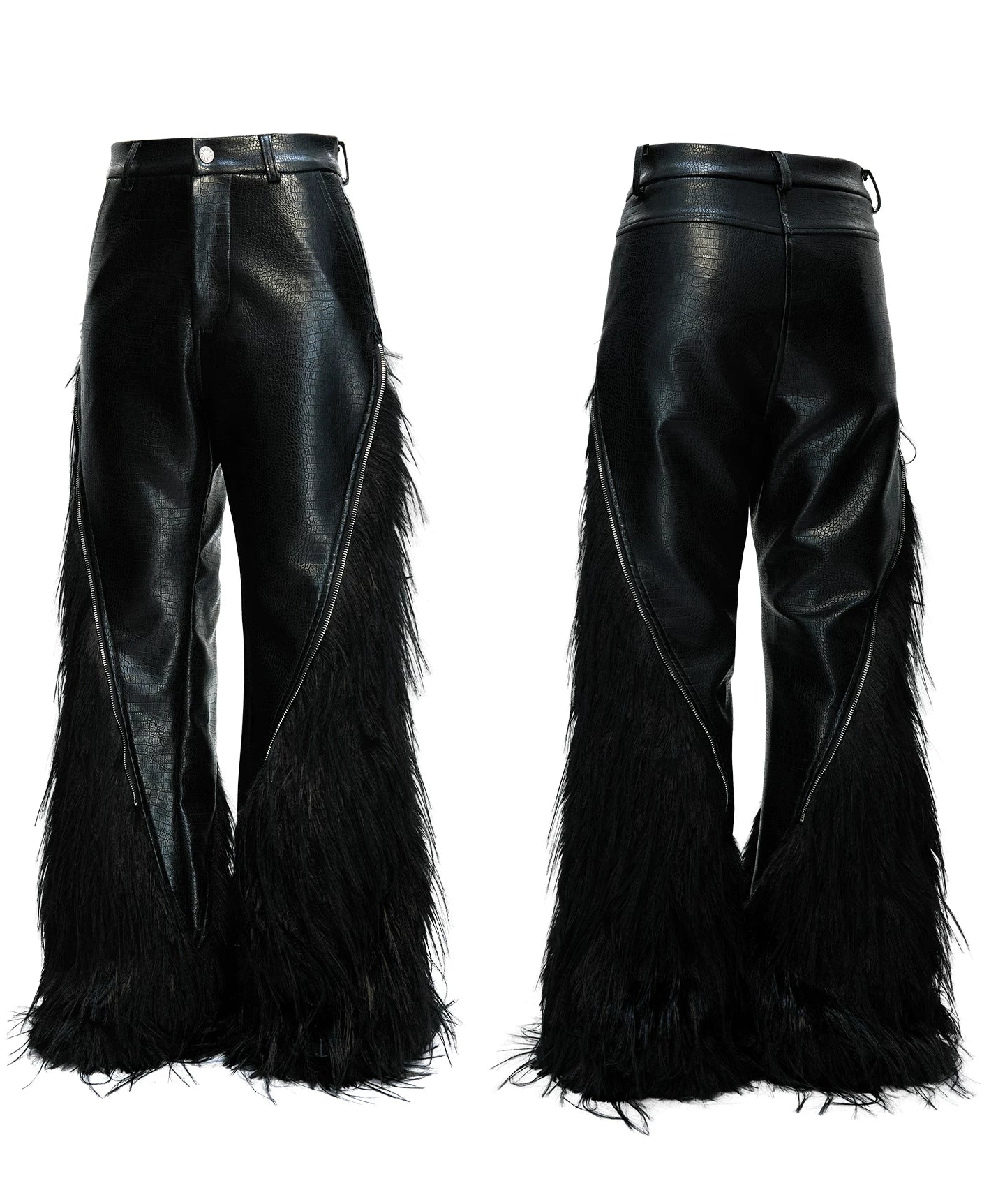 【26s Feb.】Deconstructed Faux Wolf Fur Croc-Embossed Leather Wide-Leg Pants