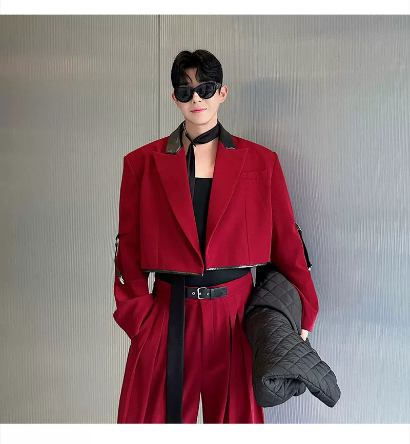 【26s Apr.】Color-Block Faux Leather Blazer & Wide-Leg Pants Set