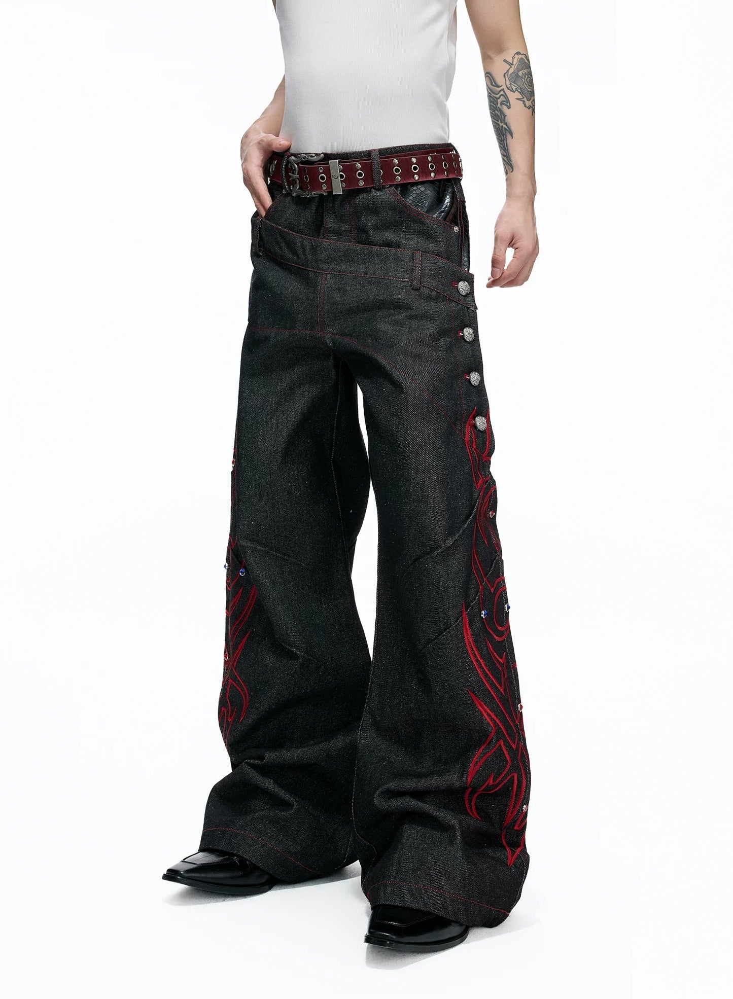 Black Red Raw Denim Embellished Jeans