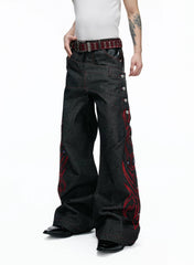 Black Red Raw Denim Embellished Jeans