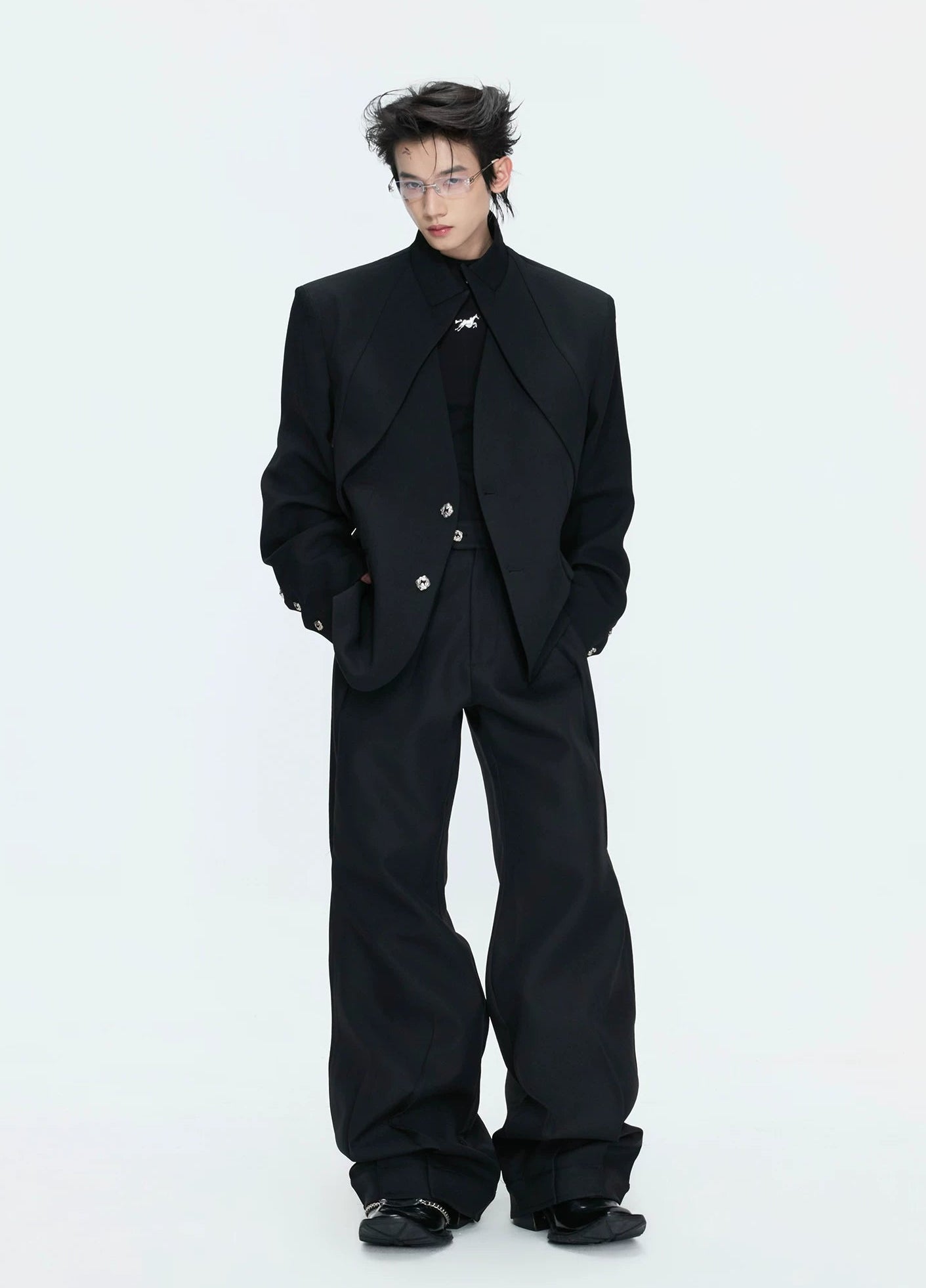 【26s Apr.】Layered Stand Collar V-Neck Structured Jacket / Pants