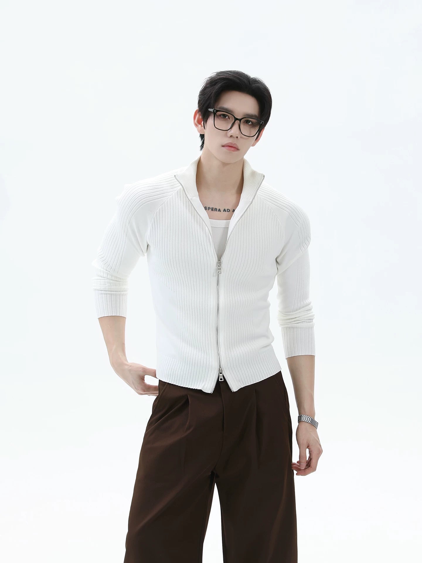 【26s Jan.】Slim-Fit Ribbed Stand Collar Double-Zip Knit Cardigan