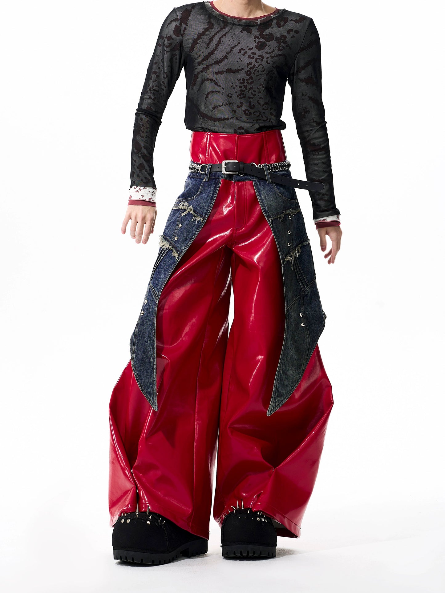 【25s Oct.】Denim Patchwork Red Leather Jacket/Double Waist Leather Pants