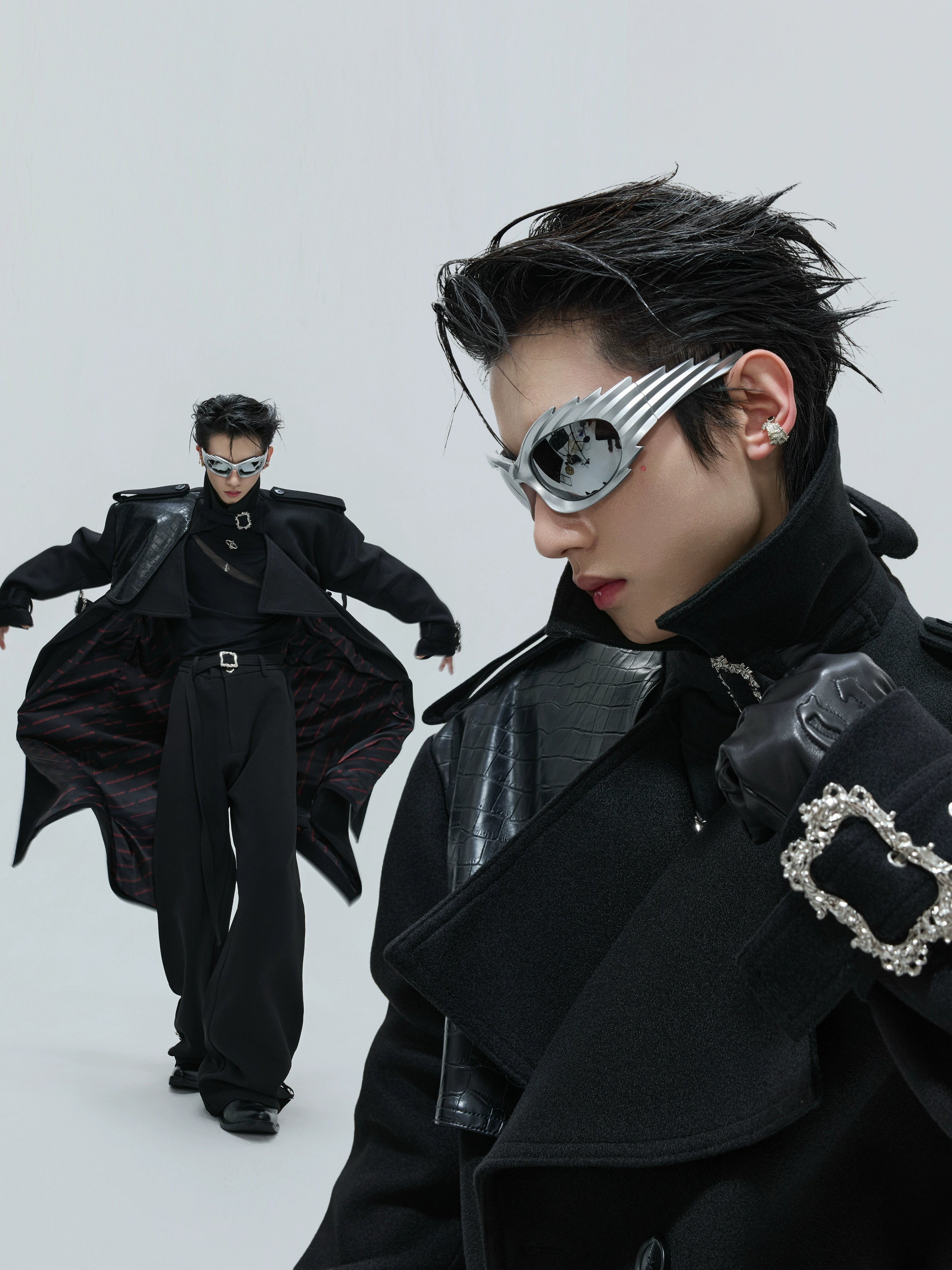 【25s Nov.】Crocodile-print Lace-up Metal Buckles Woolen Coat