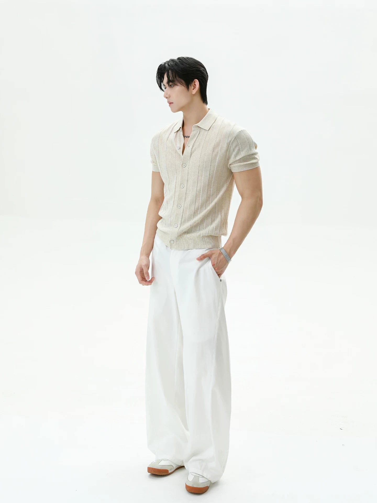 Ribbed Lyocell Knit Polo Cardigan