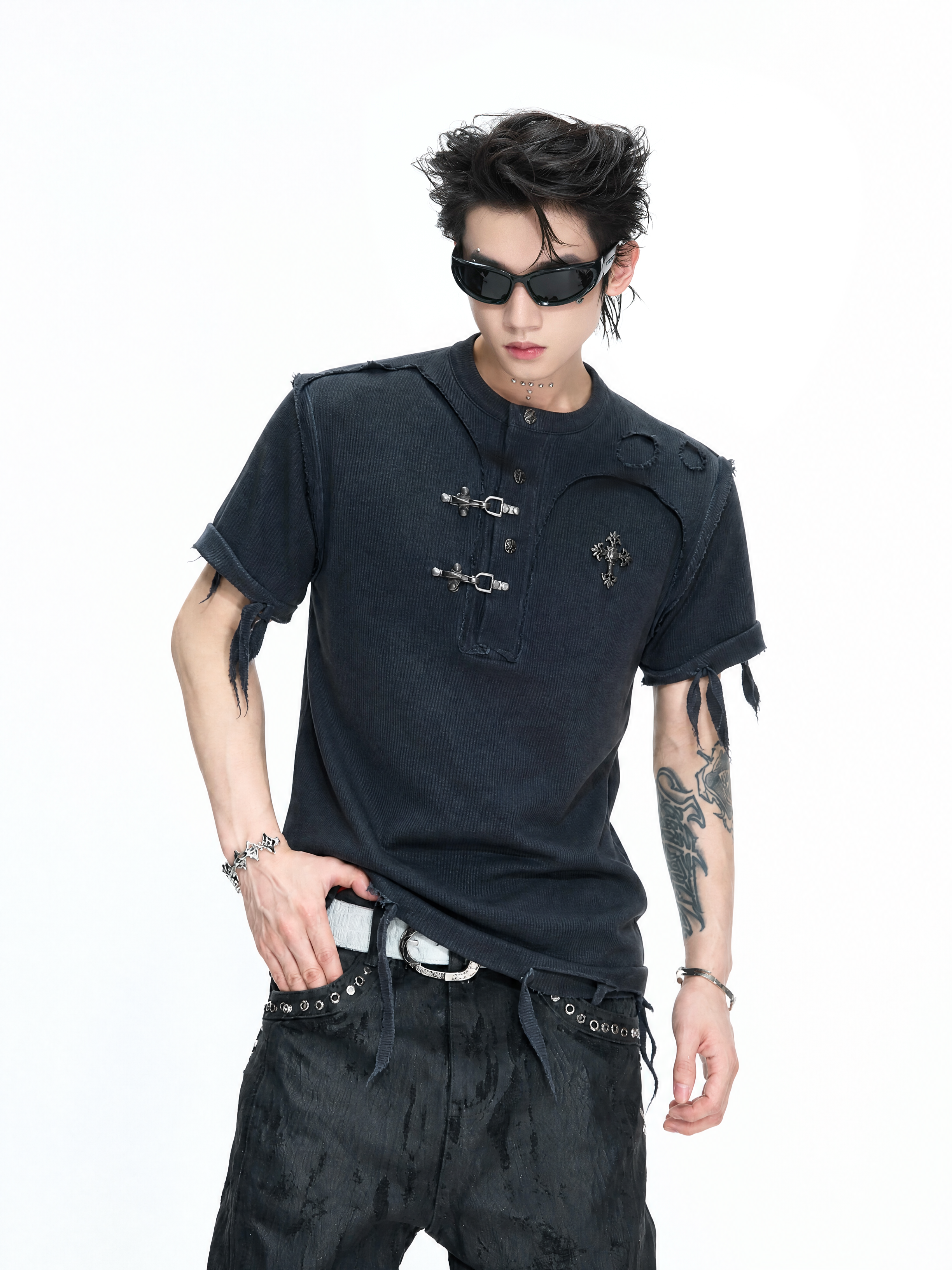 Distressed Rib Texture Henley Tee