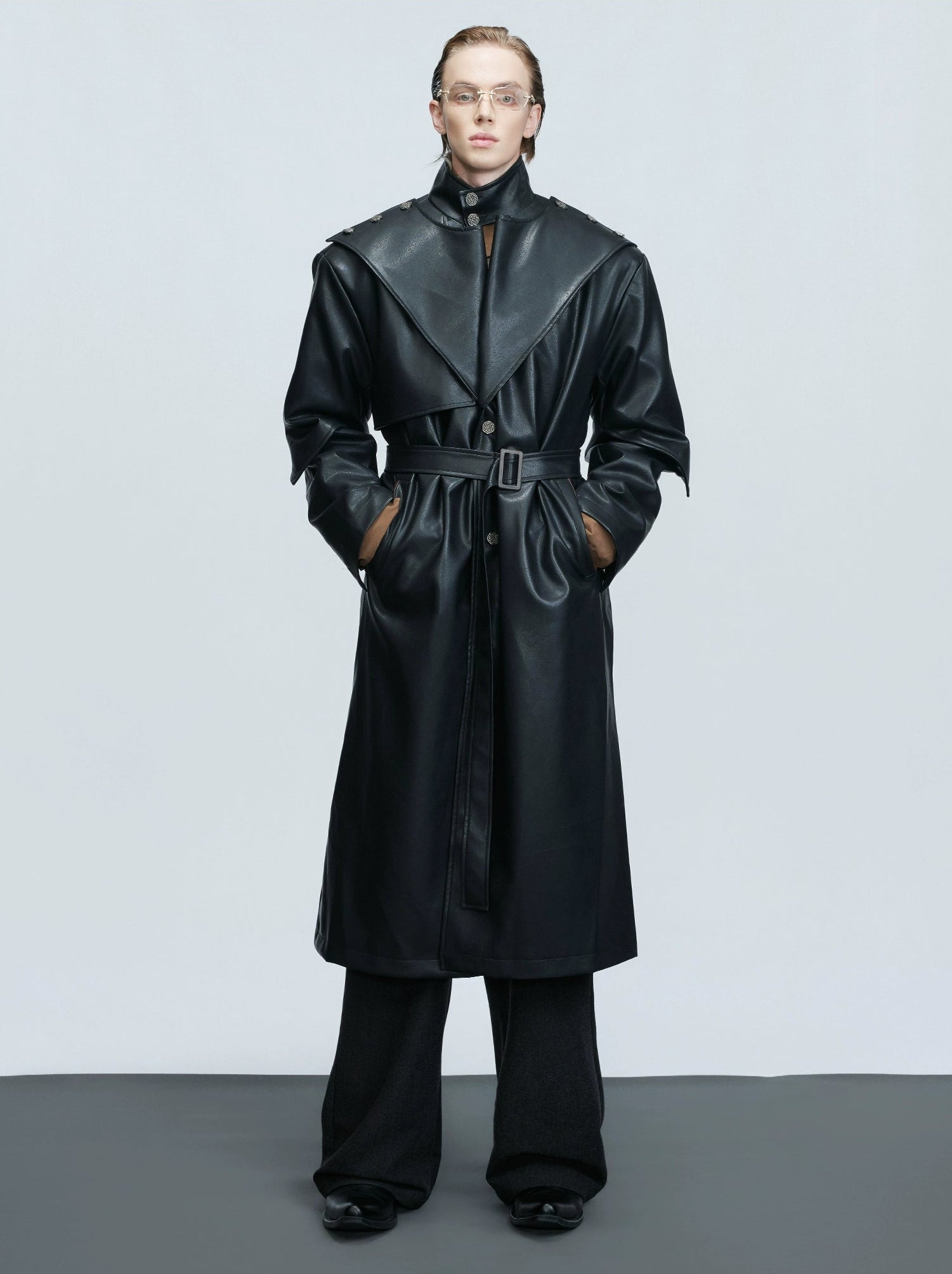 【25s Nov.】Deconstructed Stand-up Collar Copper Coin Button Leather Trench Coat
