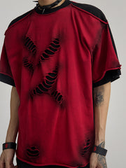 【25s Apr.】Black & Red Distressed Cotton Layered T-Shirt