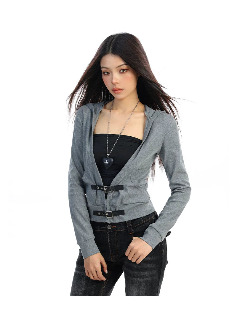 【26s Feb.】Leather Buckle V-Neck Hooded Long-Sleeve Cardigan Top