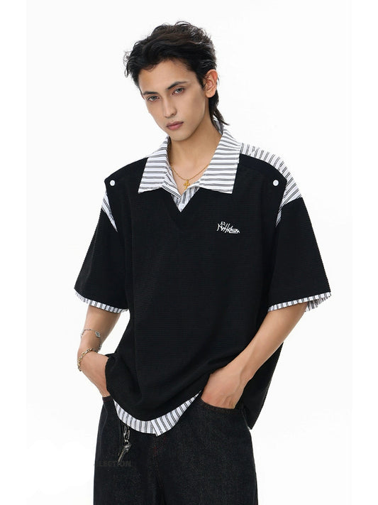 【25s Jul.】Fake Two-Piece Striped Short Sleeve Polo
