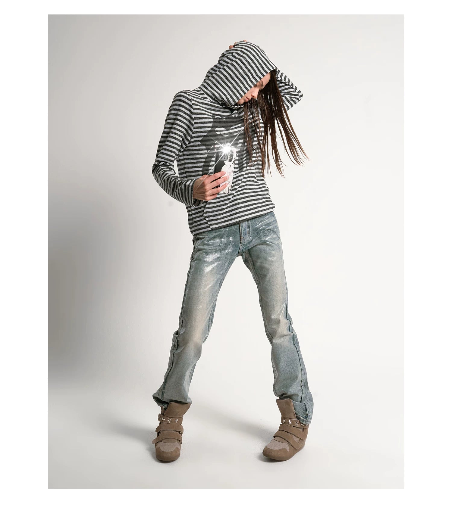 Ice Blue Crack Washed Flared Denim Jeans