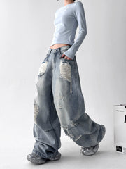 【25s Aug.】Vintage Blue Distressed Washed Loose Wide-Leg Jeans