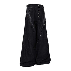Studded Patchwork Washed Wide-Leg Denim Pants