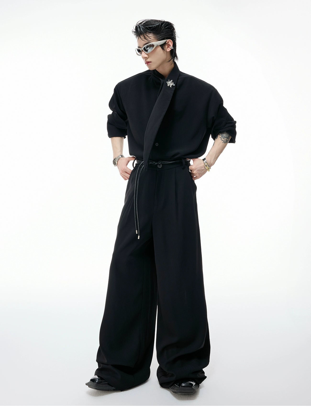 【25s Sep.】Scarf Shoulder Pad Shirt / Drape Wide-leg Pants