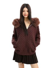 【25s Dec.】Detachable Fur Collar Cable Knit Hooded Sweater