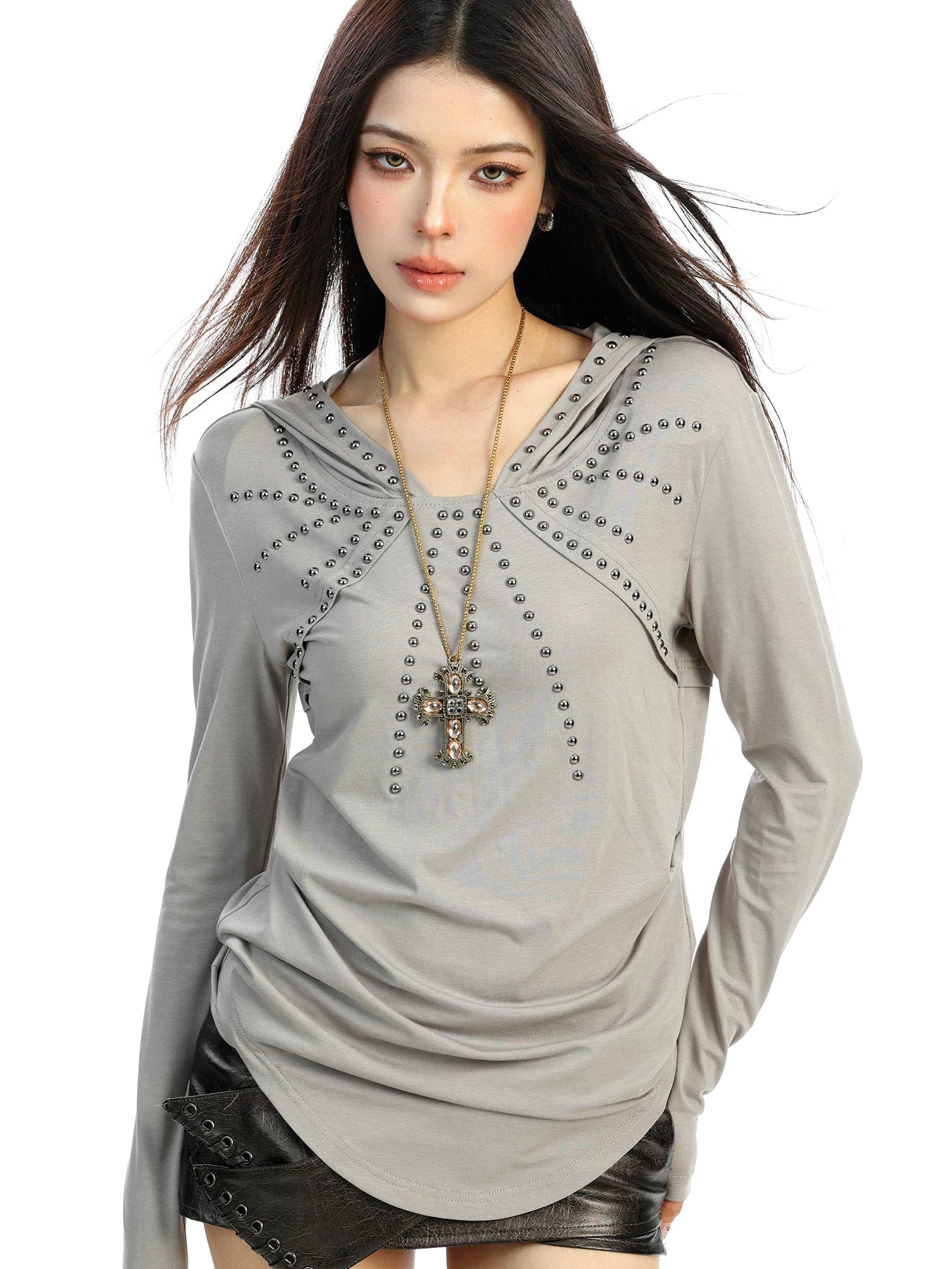 【26s Feb.】Studded Hooded Long-Sleeve Waist-Fit Top