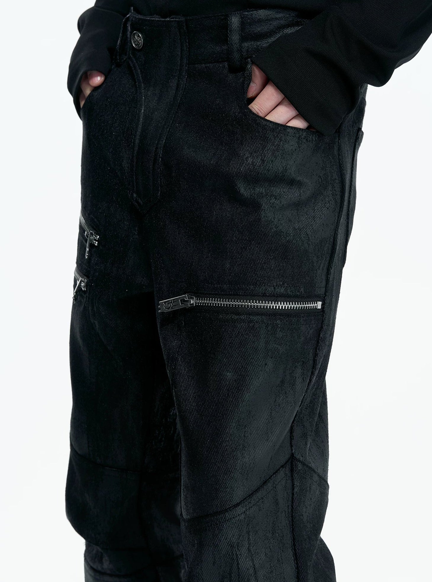 【26s May】Waxed Distressed Zip Panel Straight Denim Pants